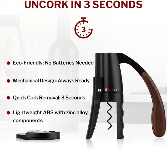 Forge Quality Compact Vertical Lever Corkscrew Wine Opener with Foil Cutter. 3 Seconds to Open a Bottle of Wine. Black.