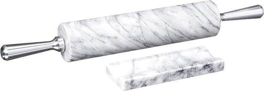 Fox Run Marble Rolling Pin & Stand, White Marble With Aluminum Handles Pin