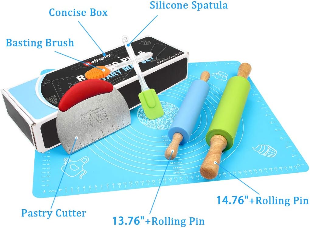 1Set Rolling Pin Pastry Mat Set Non-Stick 6 in 1 Dough Roller Baking Kit with Pastry Cutter Reusable Kneading Mat Scraper Basting Brush