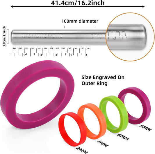 AMUZHI Adjustable Stainless Steel Rolling Pin with Silicone Thickness Rings
