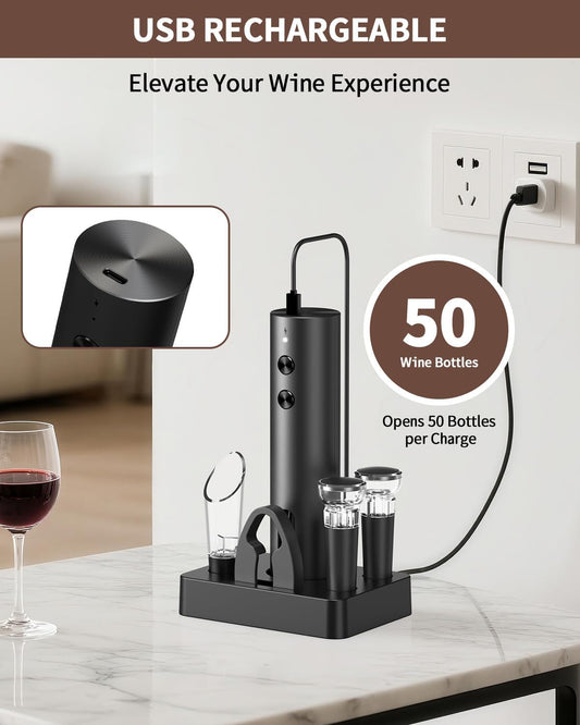 CIRCLE JOY Rechargeable Electric Wine Opener, 6-In-1 Cordless Electric Wine Bottle Opener with Pourer, Foil Cutter, 2 Vacuum Preservation Stoppers and Storage Base, Gifts for Wine Lovers