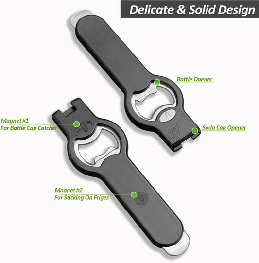 2-in-1 Magnetic Soda Can & Beer Bottle Opener-Dual Magnets for Fridge & Cap Catcher, Heavy Duty Stainless Steel, Perfect for Big Hands,Long nails, RV, Bartender, Gift for Father, Black, Openpro 2 Pack