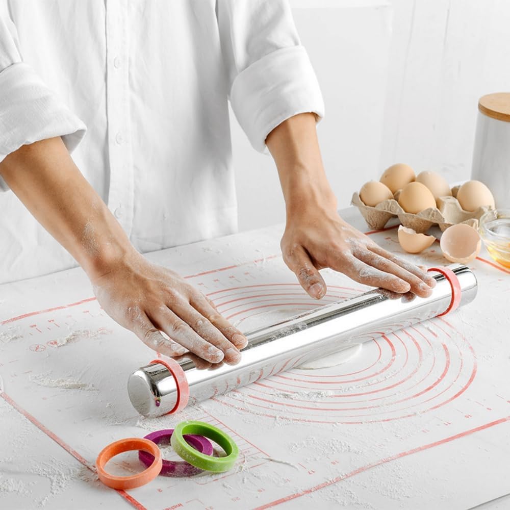 AMUZHI Adjustable Stainless Steel Rolling Pin with Silicone Thickness Rings