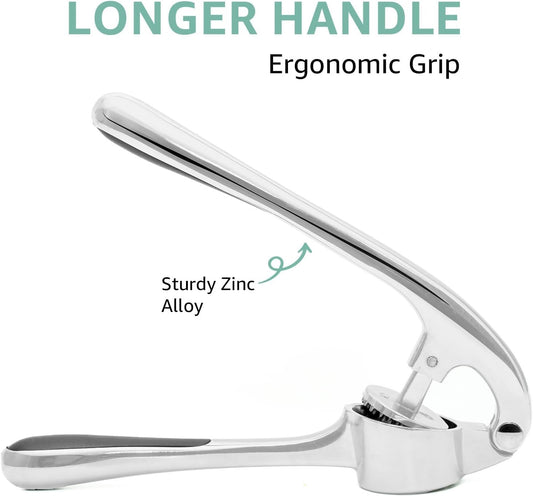 Garlic Press Crusher & Mincer – Easy Squeeze Ergonomic Handle, Heavy Duty Zinc Alloy, Dishwasher Safe, Includes Peeler & Cleaning Brush – Garlic Ginger Crusher Tool (Imperial Silver)