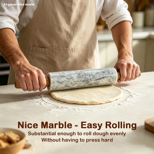 16.5 inch Marble Rolling Pin With Stand, Kitchen Dough Roller Pin, 8.5 Inch Marble Barrel and 4 inch Wooden Handles, for Dough, Pizza Dough, Pie, Cookies and Fondant (White)