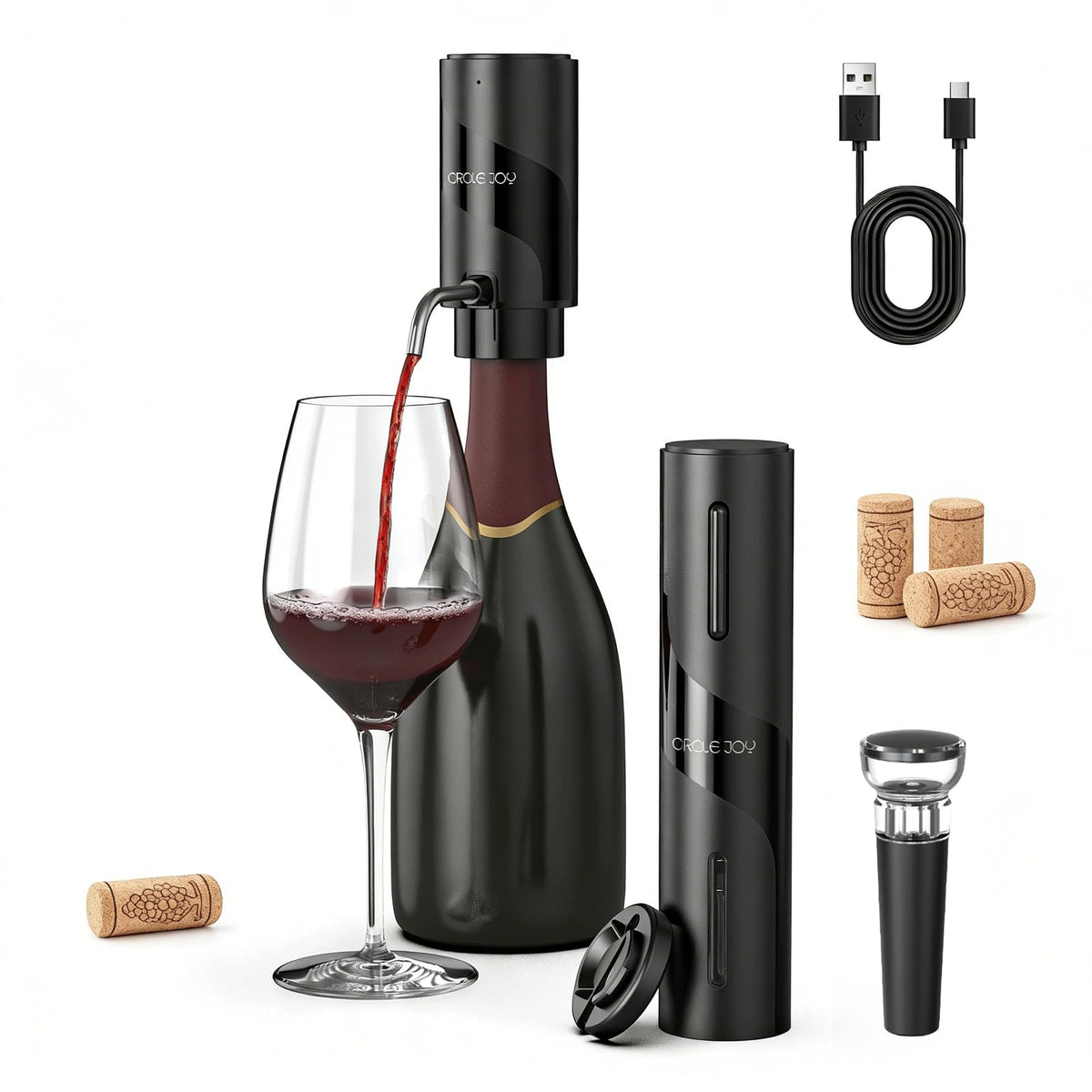 CIRCLE JOY Electric Wine Opener Rechargeable, 7-in-1 Automatic Wine Bottle Opener Gift Set with Electric Vacuum Pump, Foil Cutter, Aerator Pourer, 2 Stoppers & Charging Base, Black