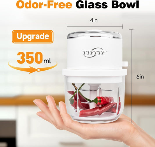 Electric Garlic Chopper, 350ML Glass Bowl Mini Food Processor, Portable Veggie Chopper Onion Garlic Grinder, Wireless Food Processor for Ginger, Chili, Fruit, Meat, etc