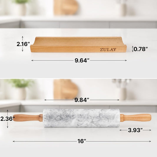 Zulay Kitchen 17-Inch Marble Rolling Pin With Stand - Polished Marble Rolling Pins For Baking With Long Beechwood Handle - Non-stick Roller Pin For Baking Pastries, Bread & Pizza
