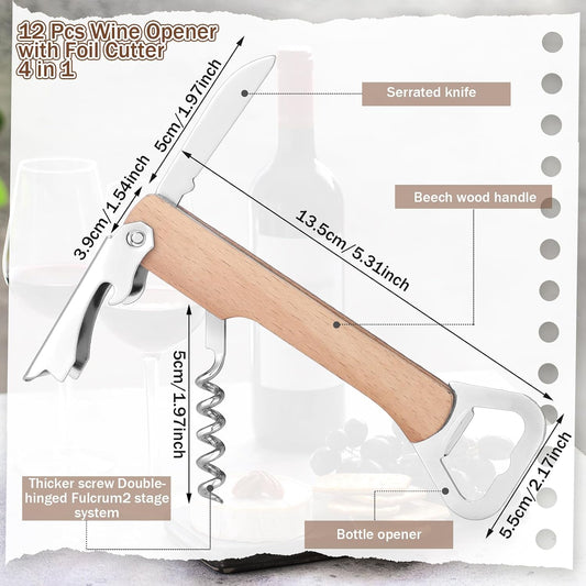 12pcs Wood Wine Bottle Opener 4 in 1 Corkscrew Engraving, Khaki