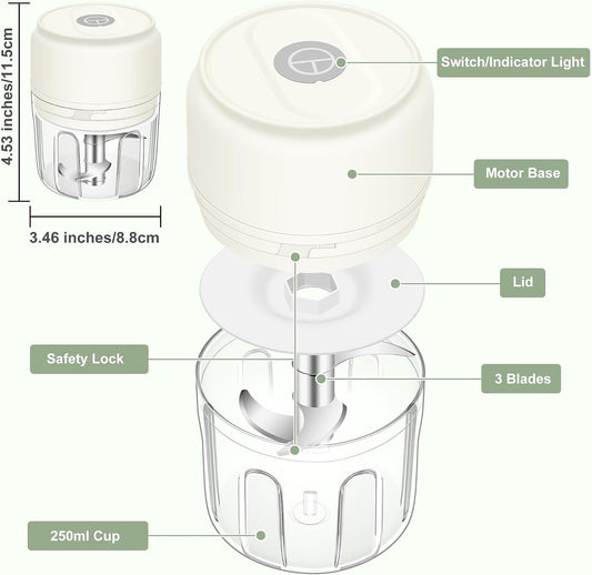 250ML Mini Electric Garlic Chopper, Garlic Mincer Grinder Masher (1 Cup)