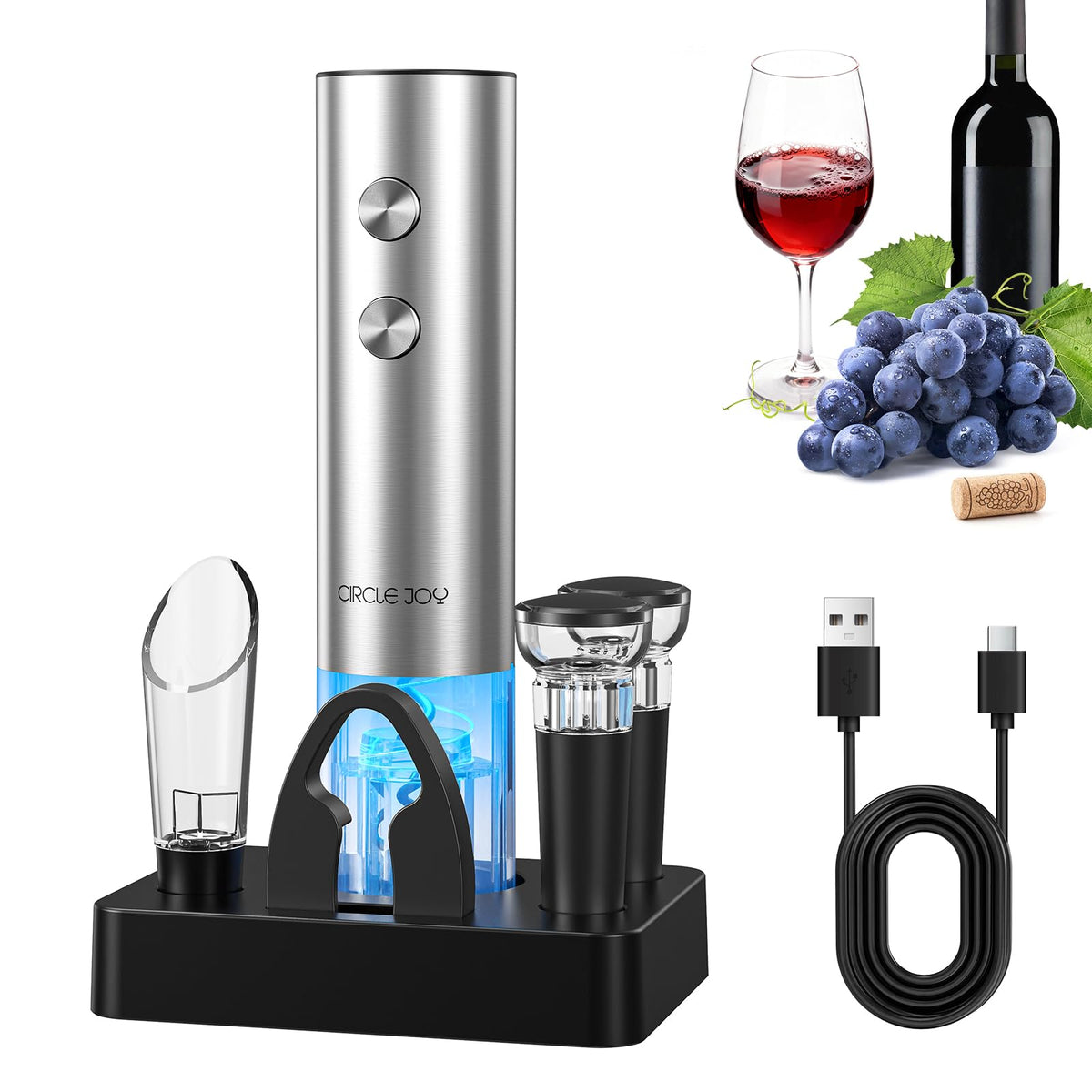CIRCLE JOY Rechargeable Electric Wine Opener, 6-In-1 Cordless Electric Wine Bottle Opener with Pourer, Foil Cutter, 2 Vacuum Preservation Stoppers and Storage Base, Gifts for Wine Lovers
