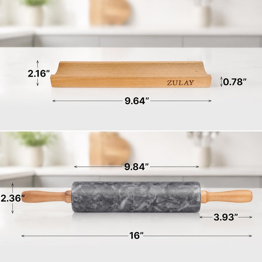 Zulay Kitchen 17-Inch Marble Rolling Pin With Stand - Polished Marble Rolling Pins For Baking - Long Rolling Pin Marble With Beechwood Handle - Non-stick Roller Pin For Baking Pastries, Bread & Pizza