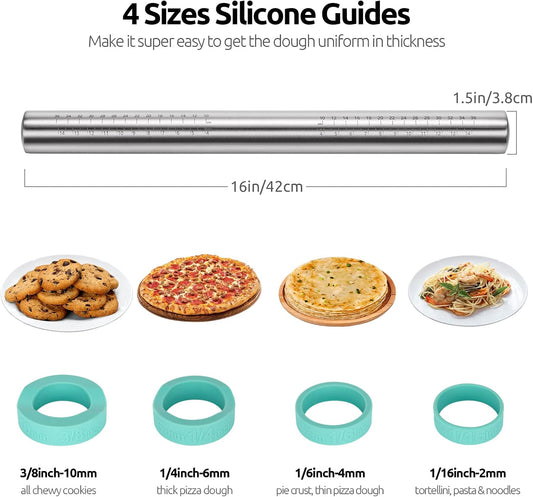U-Taste Adjustable Rolling Pin, 18/8 Stainless Steel Fondant Roller, Teal