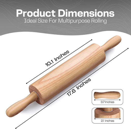 Wooden Rolling Pin, Beech Wood, 17.6" Dough Roller for Baking
