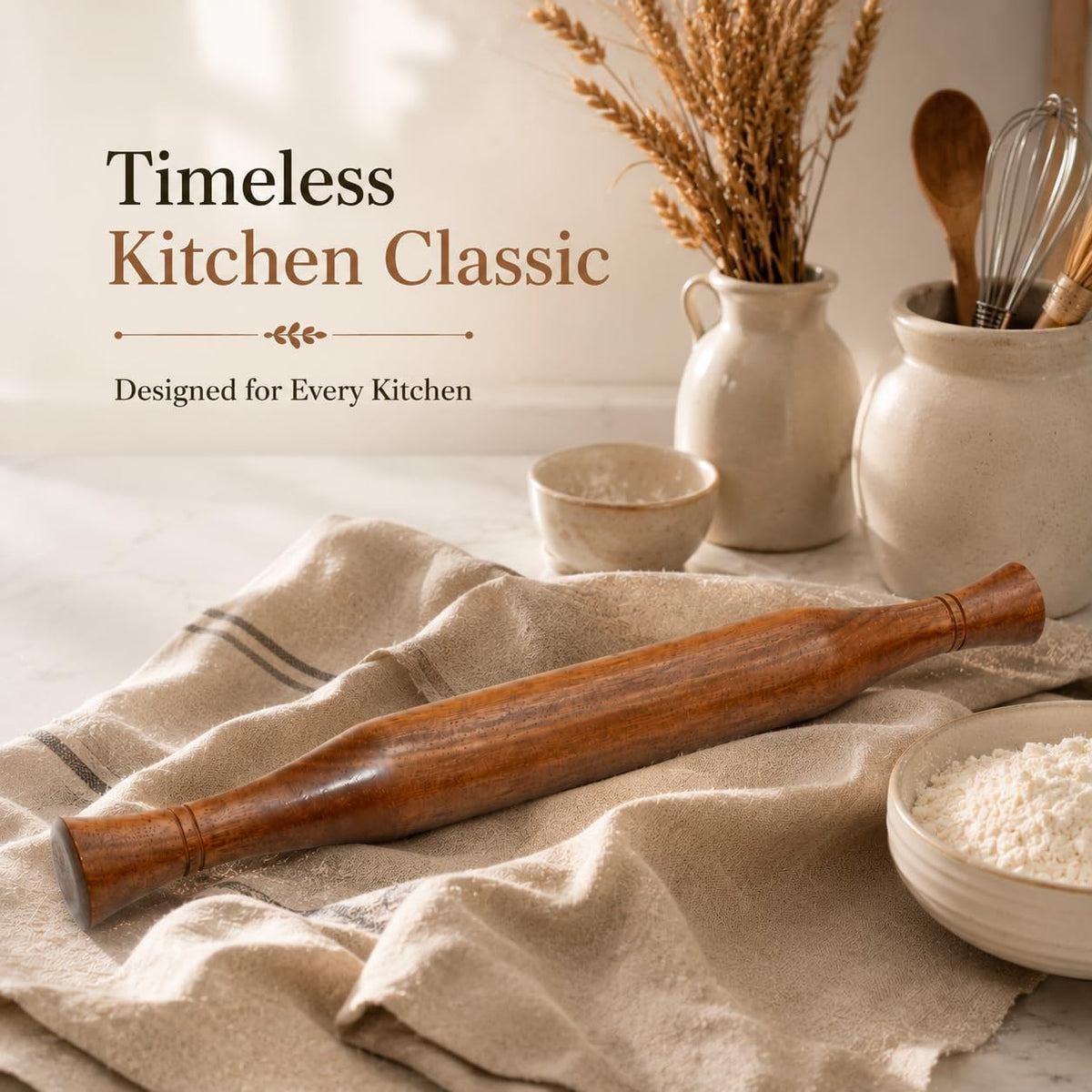 Wooden Rolling Pin 14 Inch with Ergonomic Handles, Natural Hardwood Dough Roller for Baking, Pizza Dough, Pie Crust, Cookies, Pastry, Pasta & Roti, Non-Stick Kitchen Baking Tool