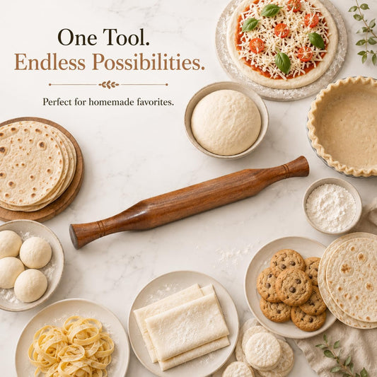 Wooden Rolling Pin 14 Inch with Ergonomic Handles, Natural Hardwood Dough Roller for Baking, Pizza Dough, Pie Crust, Cookies, Pastry, Pasta & Roti, Non-Stick Kitchen Baking Tool