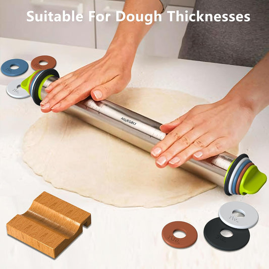 Stainless Steel Rolling Pin with 4 Thickness Rings Wooden Stand &Pastry Mat
