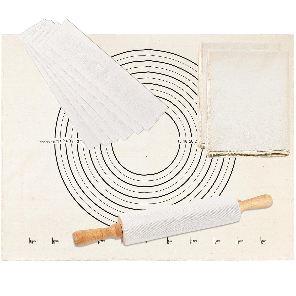 3PCS Pastry Cloth and Rolling Pin Cover Set, 1PCS 25" X 20" Heavy Cotton Canvas Cloth Pastry Mats with Measurement 2PCS 13" X 2.7" Flexible Rolling Pin Covers Sleeves for Rolling Dough Baking Bread