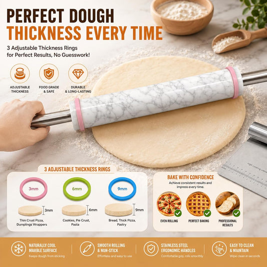 Premium White Marble Rolling Pin Set with Natural Veins, Stainless Steel Handles, Wooden Stand, Pastry Mat, Dough Cutter & 3 Thickness Rings – Baking Gift Set