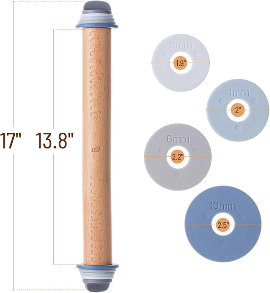 Adjustable Rolling Pin with Thickness Rings, 13.8", 4 Rings