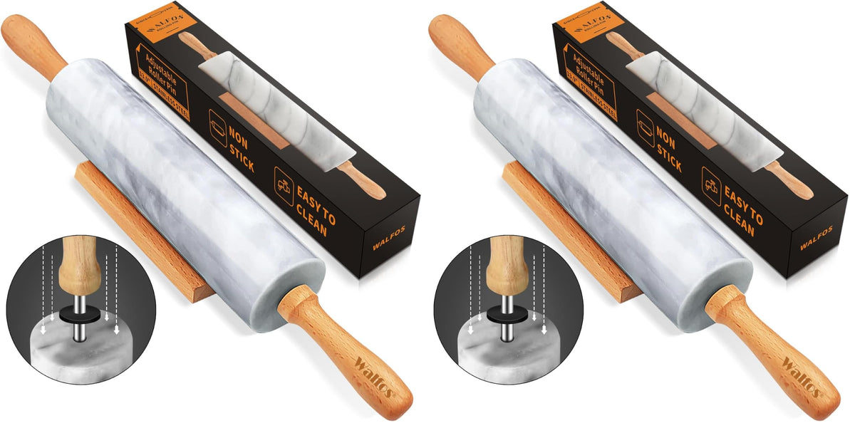 Walfos Marble Rolling Pin With Wooden Handles & Wood Cradle, 16.5 Inch Marble Rolling Pins For Making Pizza Dough And Tortillas, Dough Roller For Pie Crust, Cookie, Pasta (Gray & White)