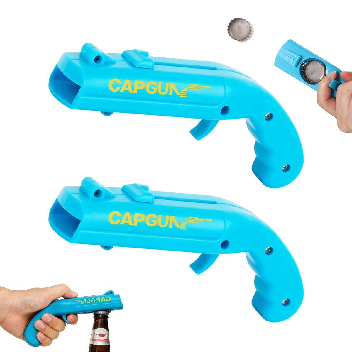 Cap Gun Bottle Opener, 2 Pack Bottle Cap Launcher Shooting Gun, Funny Party Opener for Men, Cool Gadget Present for Him - Black & Gray