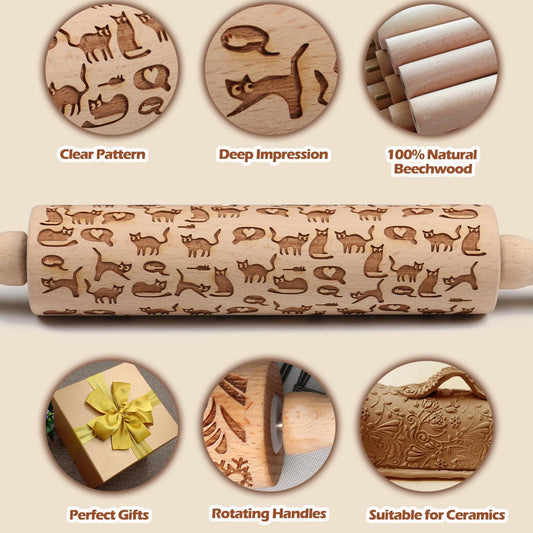 Embossed Rolling Pin for Baking Cookies Embossing Rolling Pins with Design Wooden Engraved Springerle Roller Pin Dough Animal Patterned Clay Pottery Ceramic Stamp Gifts Bakers Women (Cat & Heart)