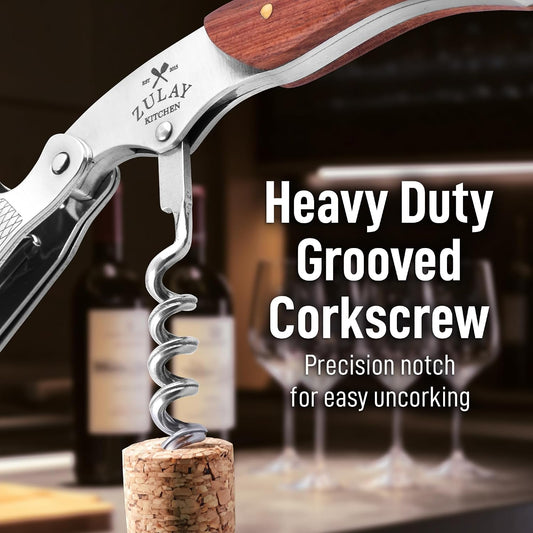 Zulay Kitchen Corkscrew Wine Opener - Premium 420 Stainless Steel & Rosewood Wine Bottle Opener - Double Hinged Opener with Foil Cutter & Cap Remover - Rosewood