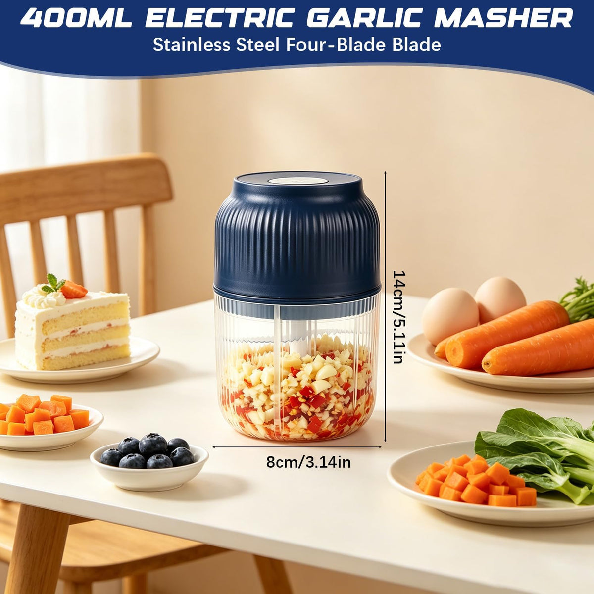 Electric Garlic Maker, Vegetable Chopper, Household Electric Garlic Maker, Portable Cordless Vegetable Chopper, Suitable For Onions, Ginger, Peppers, Fruits, And Meats (400ml Blue)