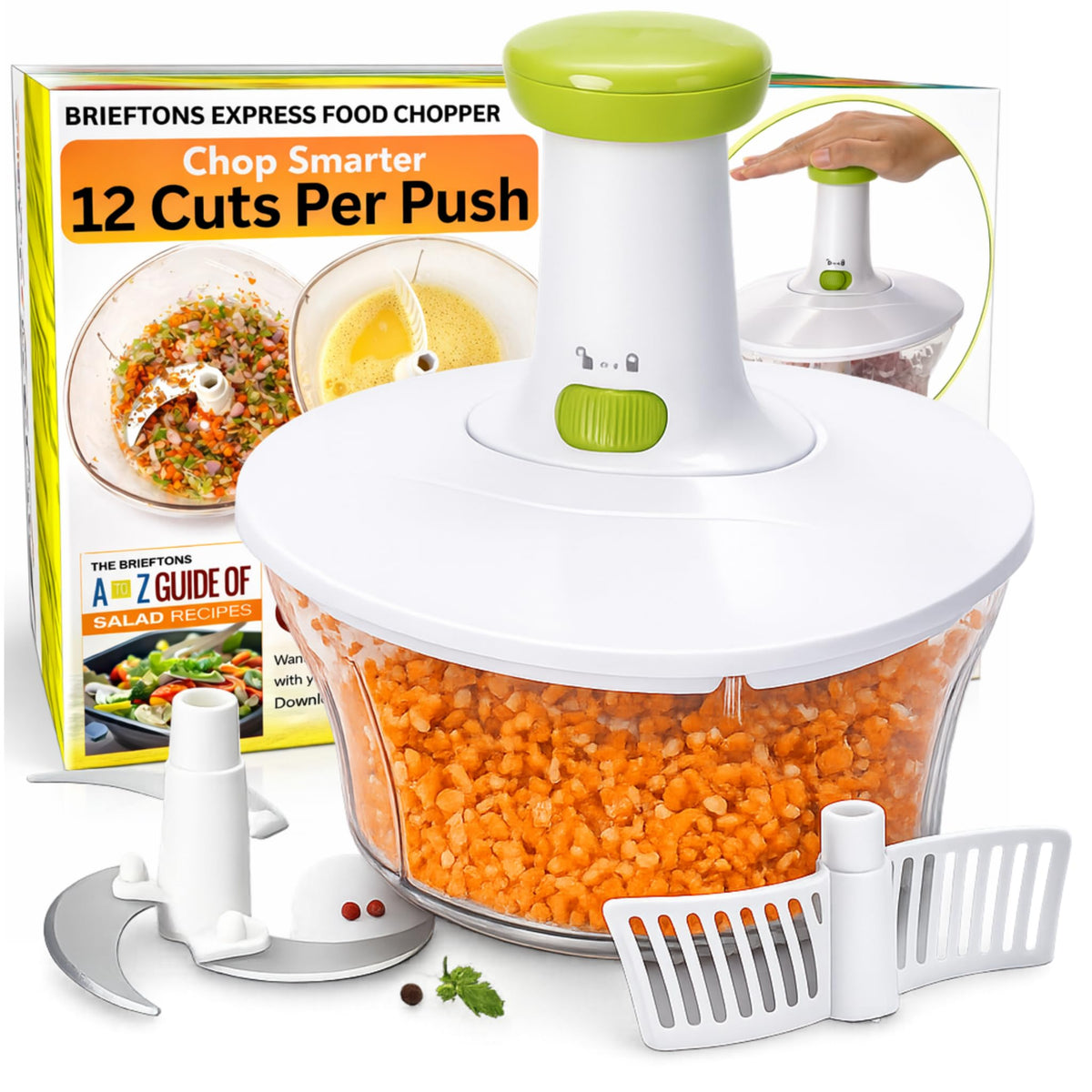Brieftons Express Manual Food Chopper, 6.8-Cup Hand Pump Vegetable Chopper to Chop Veggies Onion Garlic Herbs, Tear-Free Onion Chopper & Salsa Maker for Camping RV Home, 3-Leaf Stainless Steel Blade