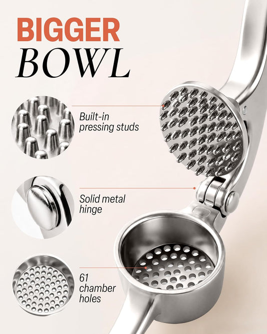 Zulay Kitchen Large Premium Garlic Press Set - Bigger Bowl for Bigger Garlic - Rust Proof Garlic Mincer Tool - Easy-Squeeze, Easy-Clean Silicone Garlic Peeler & Brush (Chrome)