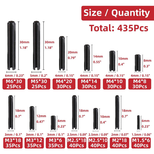 435pcs Roll Pin Assortment Kit -M1.5 to M6 Sizes (13 Types)