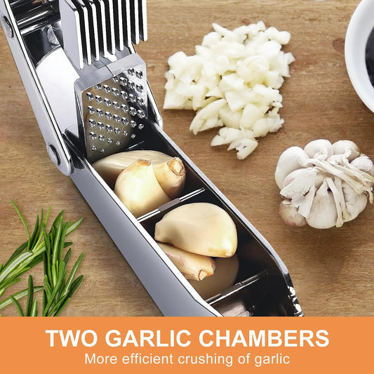 Garlic Press and Slicer 2 in 1, Heavy Duty Garlic Mincer, Crusher with Ergonomic Handle - Perfect for Home Cooks and Professional Chefs Alike.