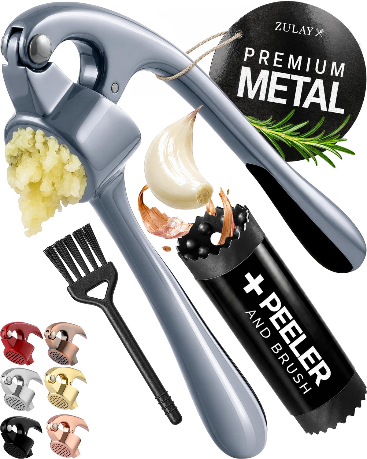 Zulay Kitchen Premium Garlic Press Set - Rust Proof Professional Garlic Mincer Tool - Easy-Squeeze, Easy-Clean with Soft, Ergonomic Handle - Silicone Garlic Peeler & Brush-Dark Gray