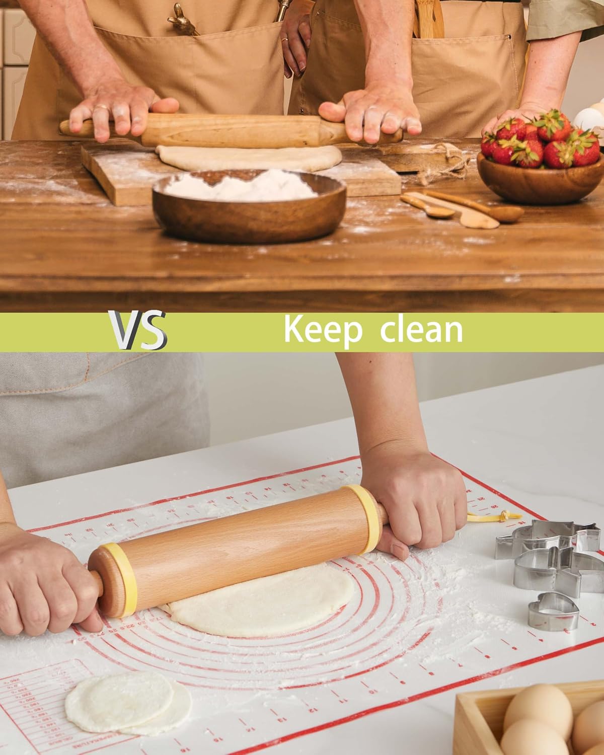 Classic Wood Rolling Pin, 17" Rolling Pins for Baking with Silicone Mat and Adjustable Thickness Rings, Pasta Roller with Wood Base, Fondant Roller for Pie Crust, Cookies, Pizza Dough and Bread