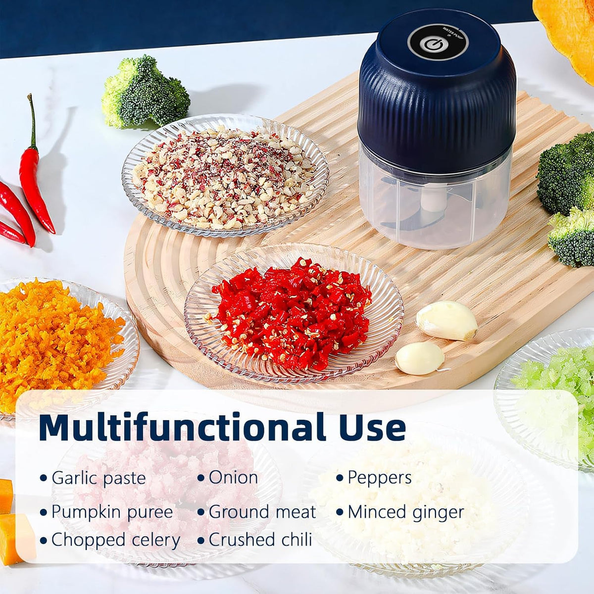 Electric Garlic Chopper, 320ml USB-C Vegetable Veggie Chopper, Garlic Mincer Slicer with 3 Blades, Onion Chopper Vegetable Cutter, Portable Small Food Processor for Chili Onion Fruit Meat