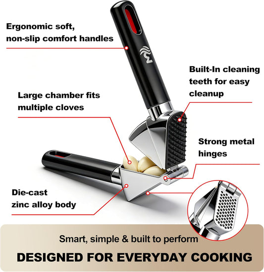 3WAVES Heavy-Duty Garlic Press, Built-In Cleaner, Ergonomic SoftGrip Handle
