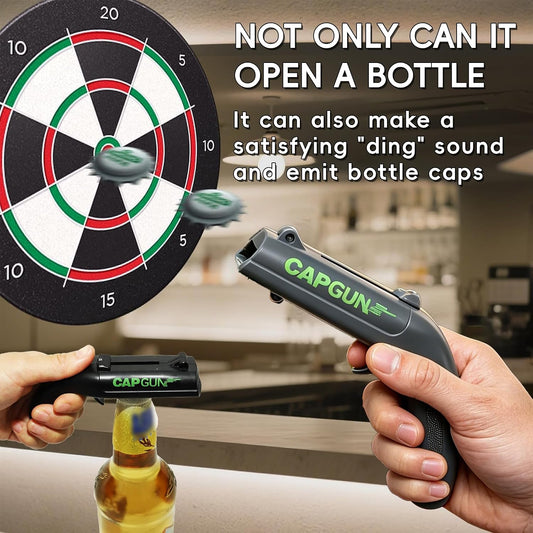Cap Gun Bottle Opener, 2 Pack Bottle Cap Launcher Shooting Gun, Funny Party Opener for Men, Cool Gadget Present for Him - Black & Gray
