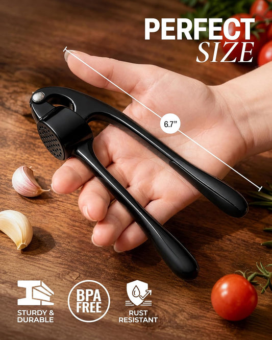 Zulay Kitchen Premium Garlic Press Set - Rust Proof Professional Garlic Mincer Tool - Easy-Squeeze, Easy-Clean with Soft, Ergonomic Handle - Silicone Garlic Peeler & Brush (Black)