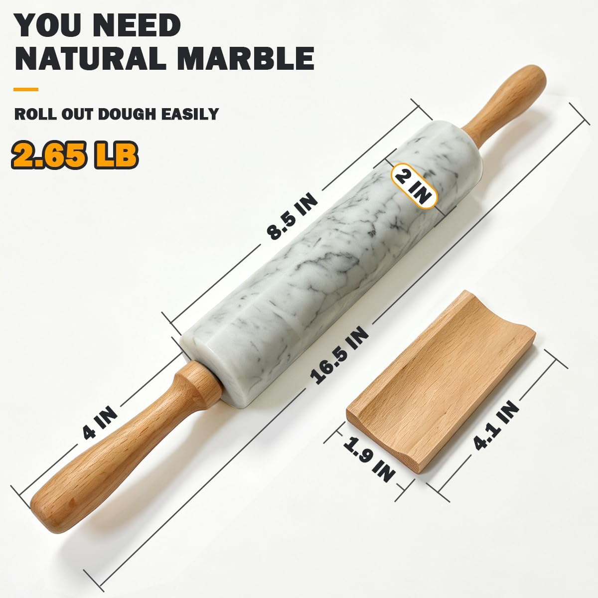 16.5 inch Marble Rolling Pin With Stand, Kitchen Dough Roller Pin, 8.5 Inch Marble Barrel and 4 inch Wooden Handles, for Dough, Pizza Dough, Pie, Cookies and Fondant (White)
