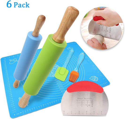 1Set Rolling Pin Pastry Mat Set Non-Stick 6 in 1 Dough Roller Baking Kit with Pastry Cutter Reusable Kneading Mat Scraper Basting Brush