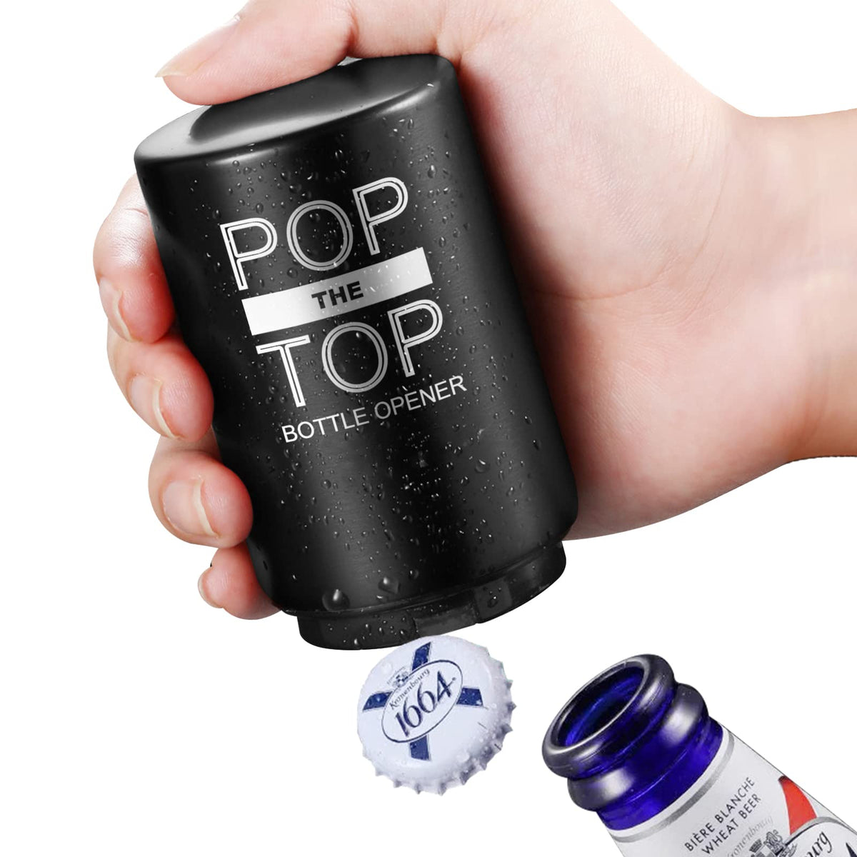 2PCS Beer Bottle Opener with Magnetic Cap, Automatic Stainless Steel One-Handed Bottle Cap Opener, Spring Loaded Push&Pop for Kitchen Home Bar Restaurant Household Utensils Destapador de Cerveza