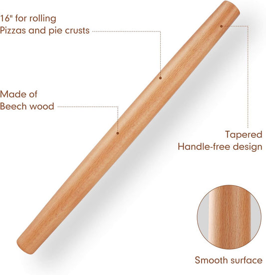 Wood Rolling Pin, QUELLANCE Wood French Roller Pin with Silicone Baking Mat, Beech Wood Dough Roller for Baking Dough, Pizza, Pie, Pastries, Pasta and Cookies