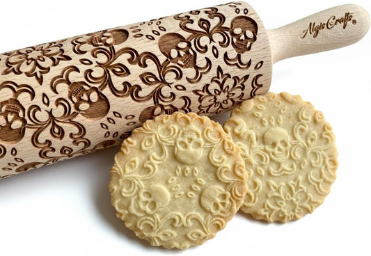 SKULL WREATH Embossing Rolling Pin with SKULLS, Spooky, Death's-head, Halloween Sugar. Laser Engraved Dough Roller for Embossing Homemade Halloween Cookies by Algis Crafts