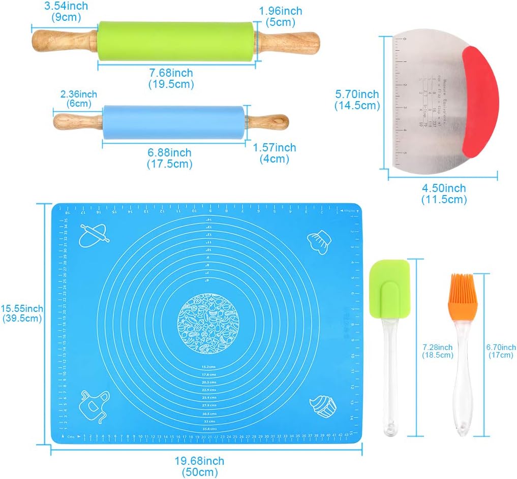 1Set Rolling Pin Pastry Mat Set Non-Stick 6 in 1 Dough Roller Baking Kit with Pastry Cutter Reusable Kneading Mat Scraper Basting Brush