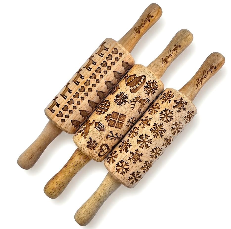 FLORAL 3 Small Textured Rolling Pin Set. Wooden laser engraved embossing dough roller for embossed cookies gift for Birthday, Easter by Algis Crafts