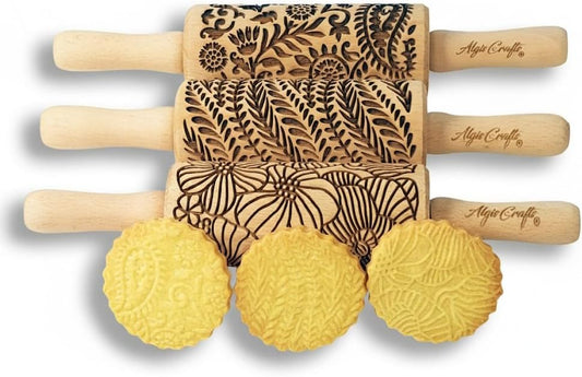 FLORAL 3 Small Textured Rolling Pin Set. Wooden laser engraved embossing dough roller for embossed cookies gift for Birthday, Easter by Algis Crafts