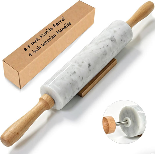 16.5 inch Marble Rolling Pin With Stand, Kitchen Dough Roller Pin, 8.5 Inch Marble Barrel and 4 inch Wooden Handles, for Dough, Pizza Dough, Pie, Cookies and Fondant (White)