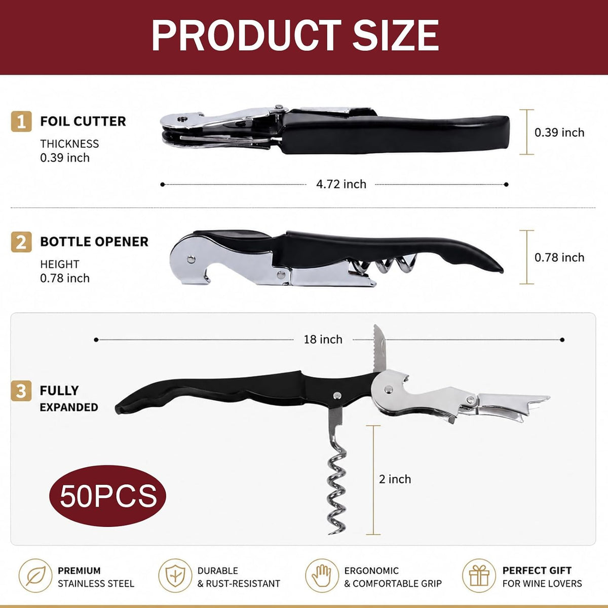 50 Pack Black Wine Key Corkscrew, Stainless Steel Waiter's Opener