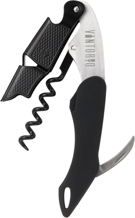 Vintorio Professional Waiters Corkscrew - Wine Key with Ergonomic Rubber Grip, Beer Bottle Opener and Foil Cutter (1 Pack)
